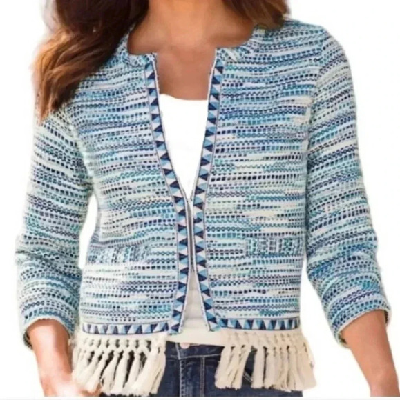 Boston Proper Blue White Tweed Fringe Fully Lined Blazer Jacket(8) - Picture 1 of 13